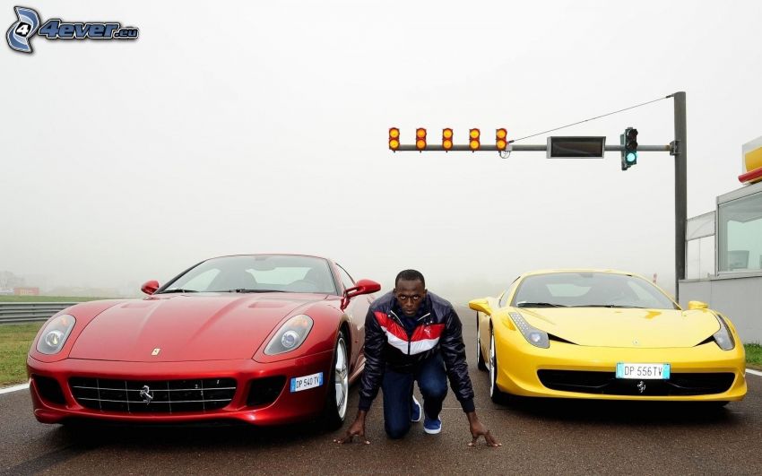 verseny, Usain Bolt, futó, néger, Ferrari 458 Italia, Ferrari 599 GTB Fiorano, szemafor