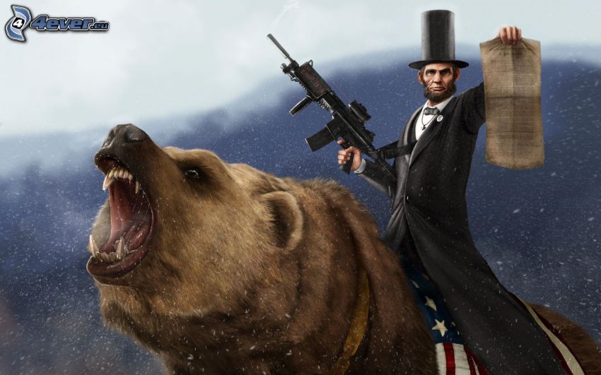 Abraham Lincoln, medve, férfi öltönyben, cilinder, géppisztoly
