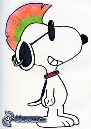 Snoopy, punker, fülbevaló, színes haj