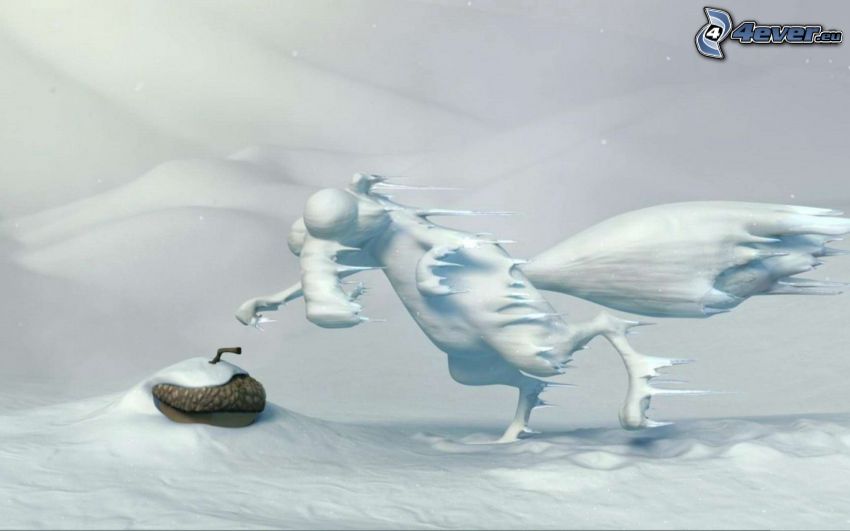 mókus a Jégkorszak c. filmből, hó, fagy, makk