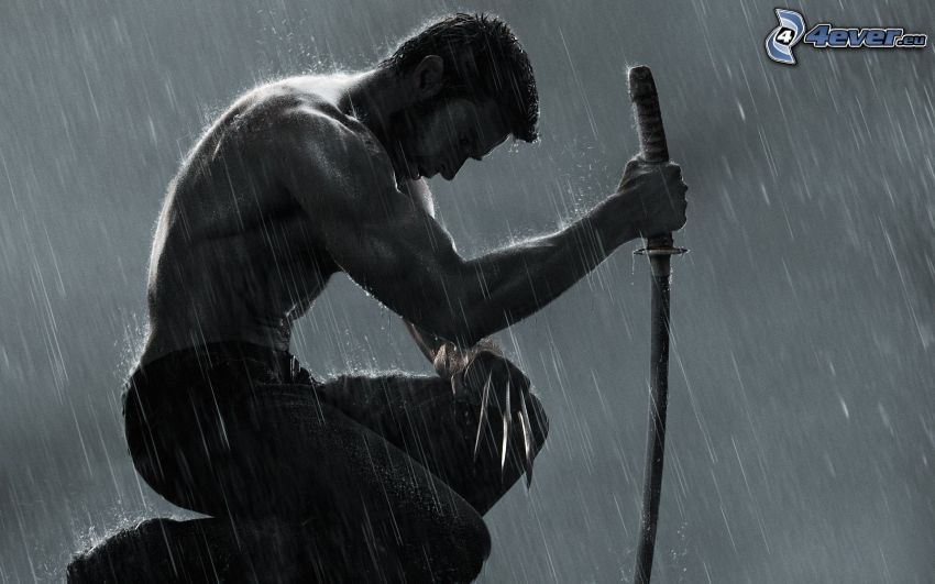 Wolverine, izmos pasi, katana, kard, eső