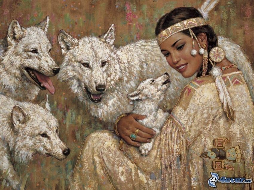 indián nő, farkaskölyök, fehér farkasok