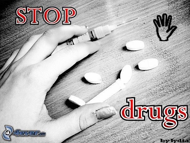stop drugs, kéz, injekció, tabletta