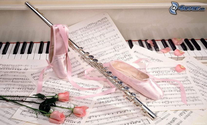 ajaksípos hangszerek, balerina cipő, hangjegyek, rózsaszín rózsák, zongora, szalag, rózsaszirom