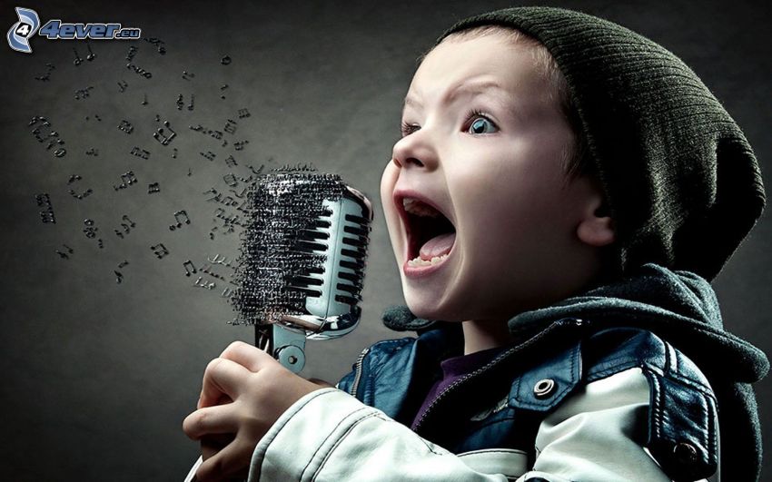 gyermek, fiú, éneklés, mikrofon, hangjegyek