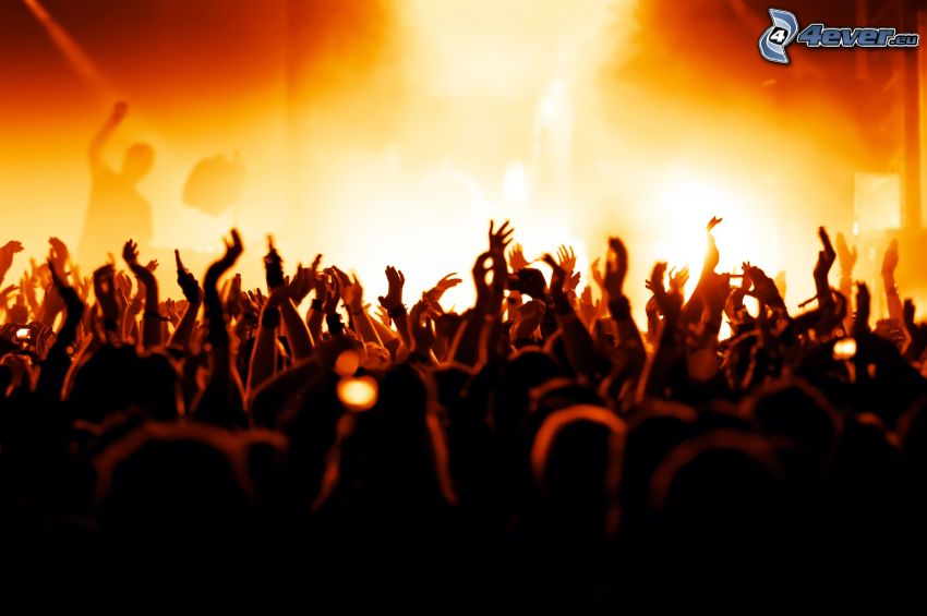 koncert, néptömeg, rajongók, kezek