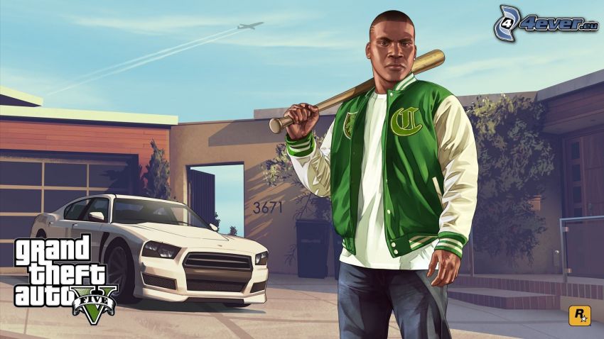 Grand Theft Auto V, autó, baseball ütő, repülőgép az égen, kondenzcsíkok