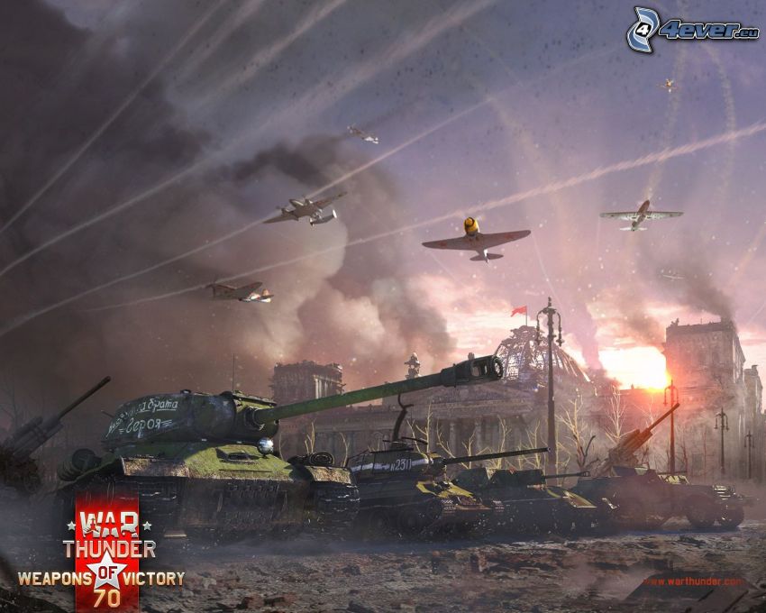 War Thunder, repülőgépek, tankok, lerombolt város, ágyú