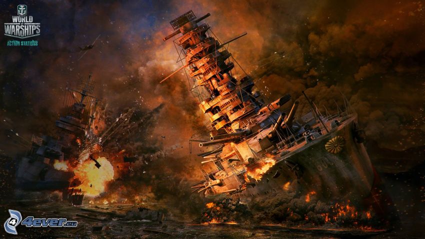 World of Warships, égő hajók, füst, lövés