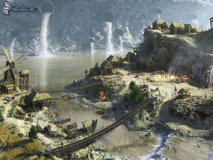 Civilization 5, rajzolt táj, hidak, sziklák, vízesések, folyó