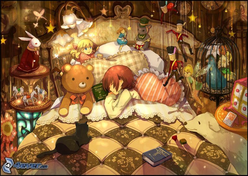 anime lány, alvás, játékok