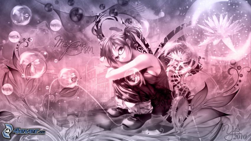 anime lány, buborékok, rajzolt virágok