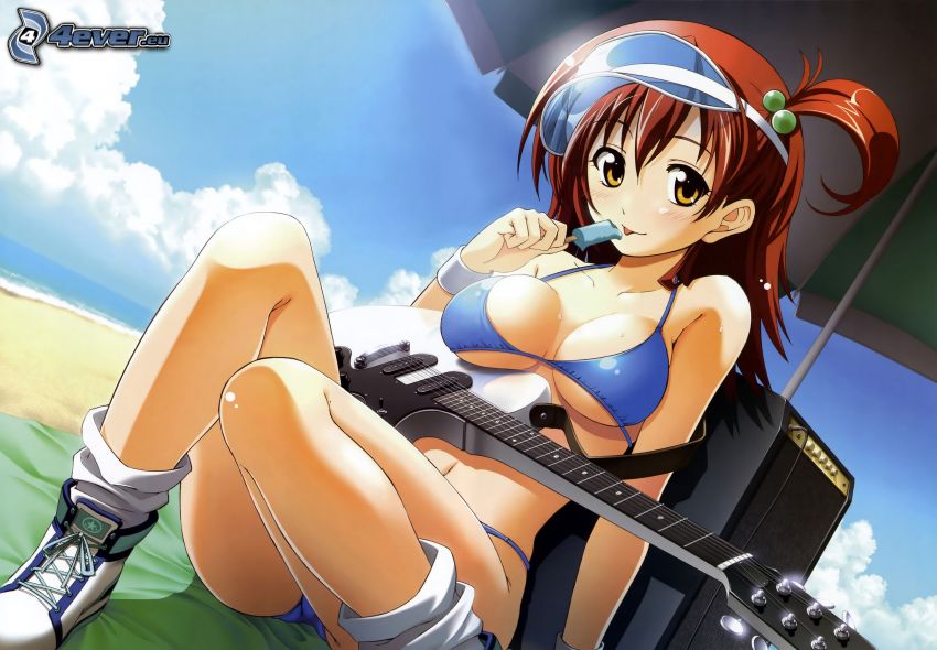 anime lány, elektromos gitár, kék fürdőruha