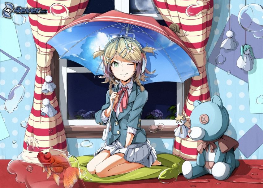 anime lány, esernyő, plüssmaci