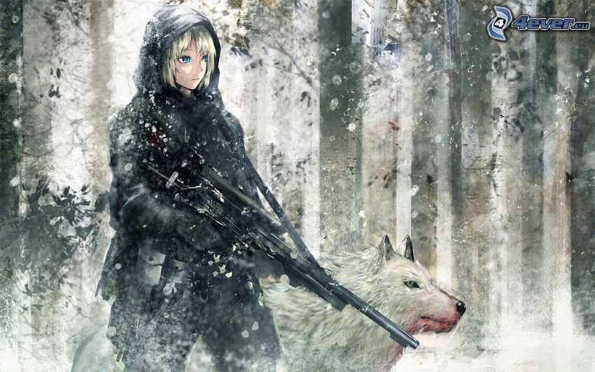 anime lány, fegyver, fehér farkas, hó, erdő