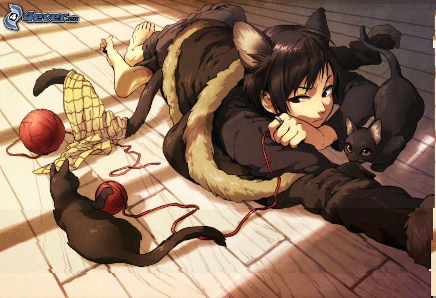 anime lány, fekete macskák, gombolyagok