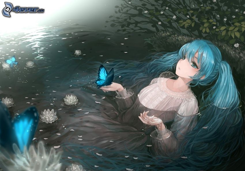 anime lány, folyó, nő a vízben, pillangók