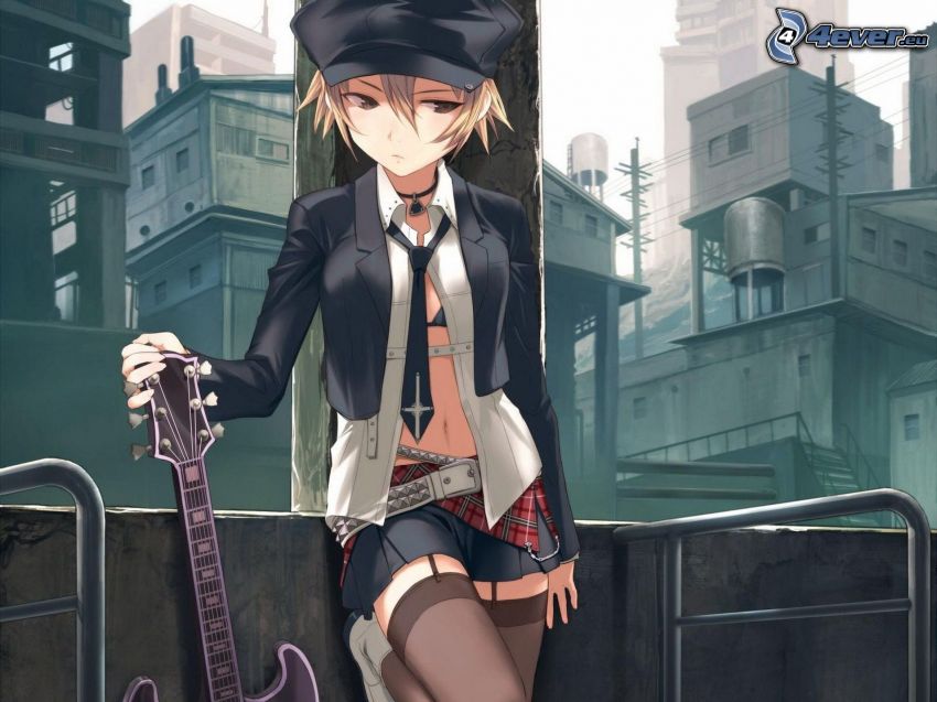 anime lány, gitár, harisnyakötő