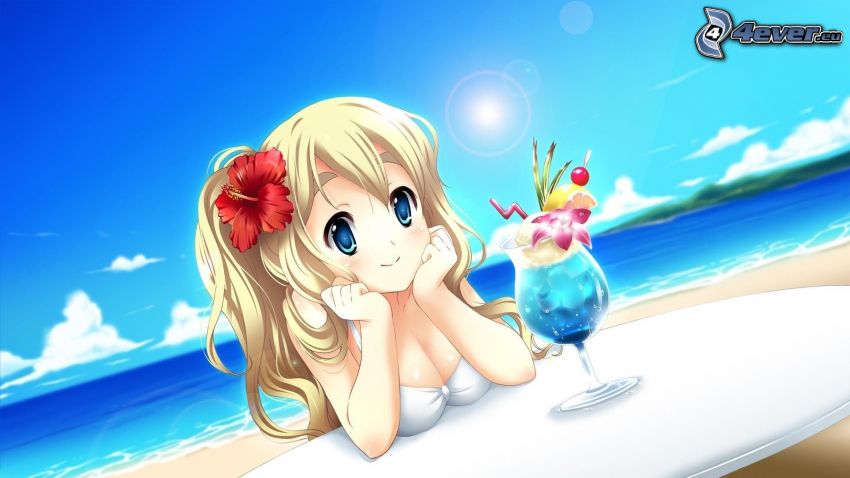 anime lány, gyerekek a tengerparton, tenger, nap