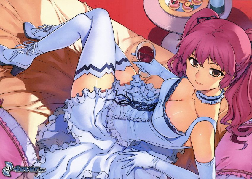 anime lány, hálóing, harisnyakötő, lila haj, bor