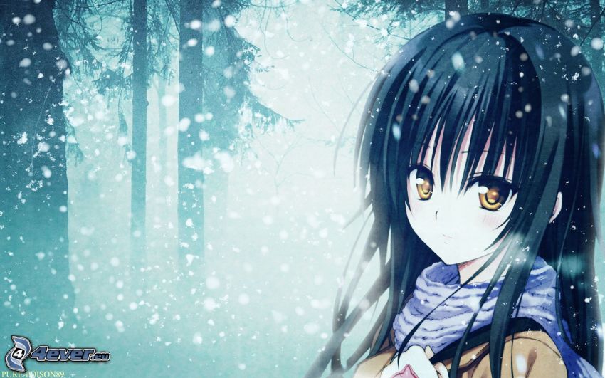 anime lány, havas erdő