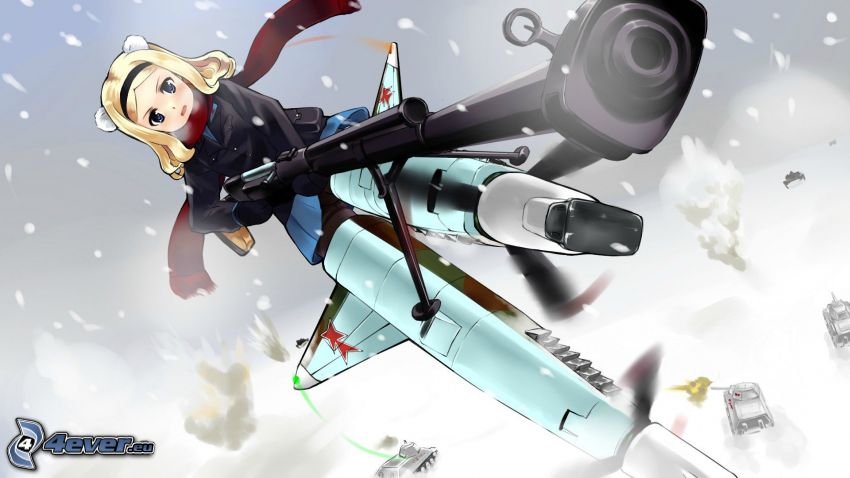 anime lány, hó, fegyver