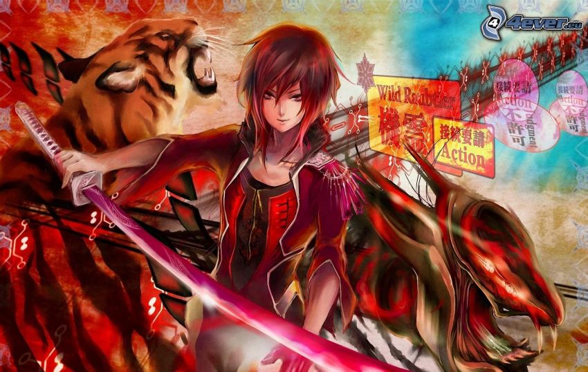 anime lány, kard, tigris