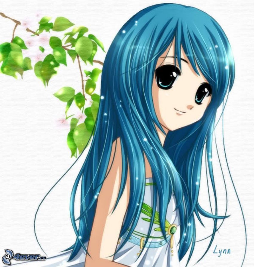 anime lány, kék haj, ág, zöld levelek