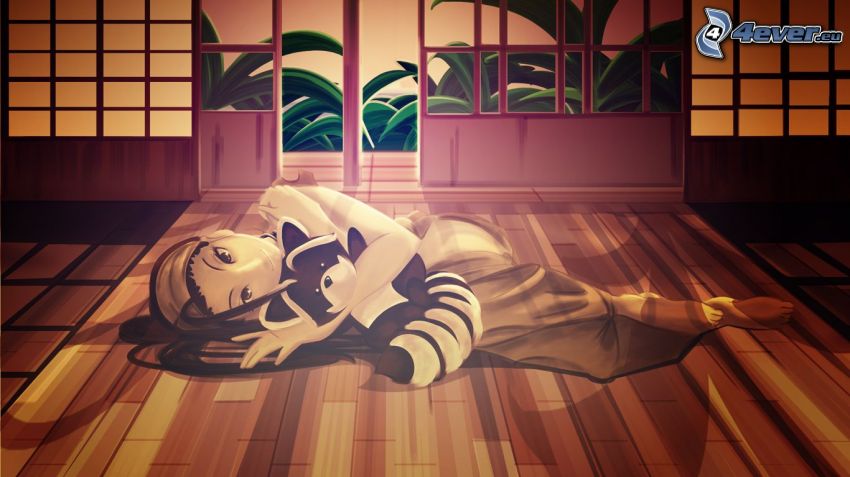 anime lány, lány a padlón
