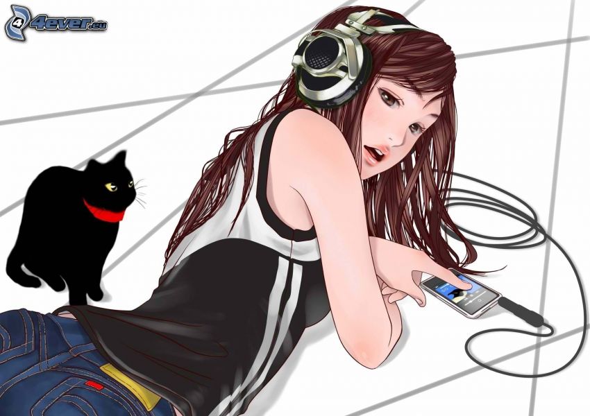 anime lány, lány fühallgatóval, fekete macska