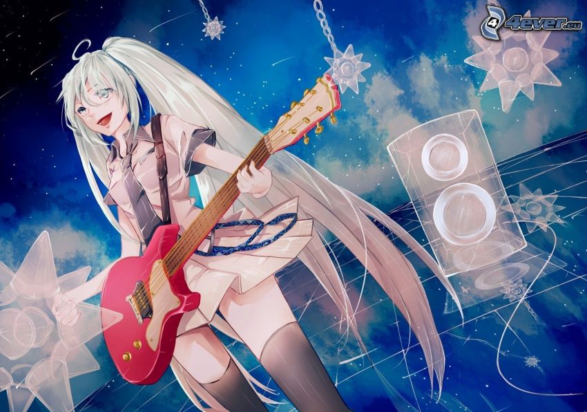 anime lány, lány gitárral, hangszóró