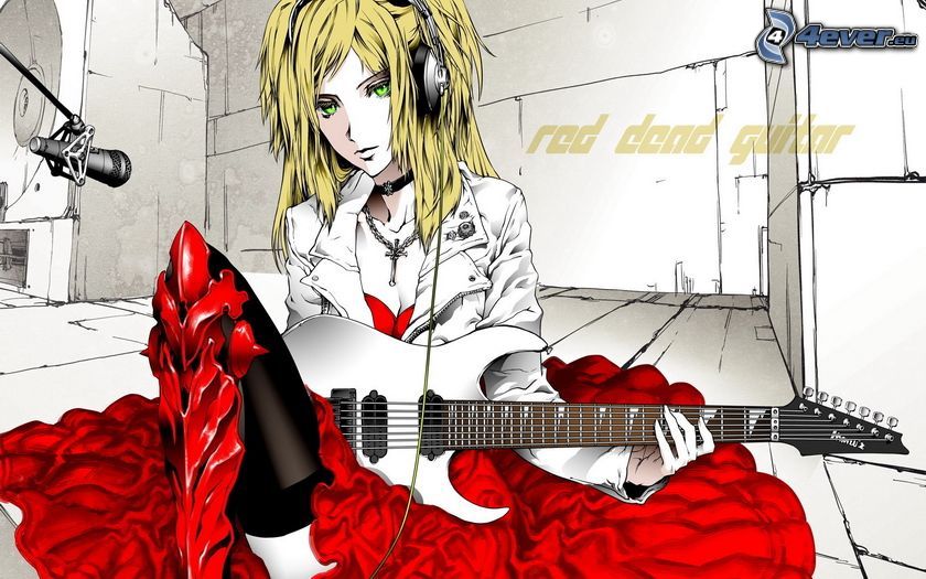 anime lány, lány gitárral, lány fühallgatóval