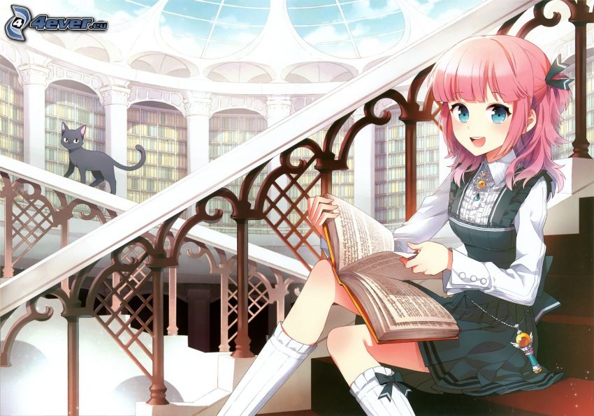 anime lány, lány könyvvel, fekete macska, könyvtár