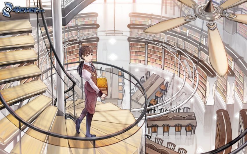 anime lány, lépcső, könyvtár