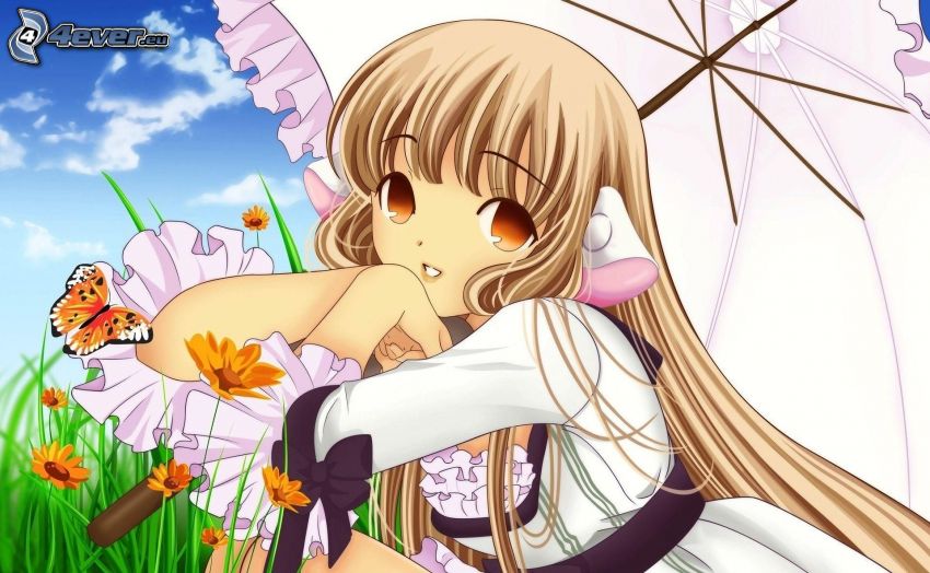 anime lány, napernyő, pillangó, narancssárga virágok