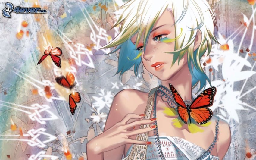 anime lány, pillangók