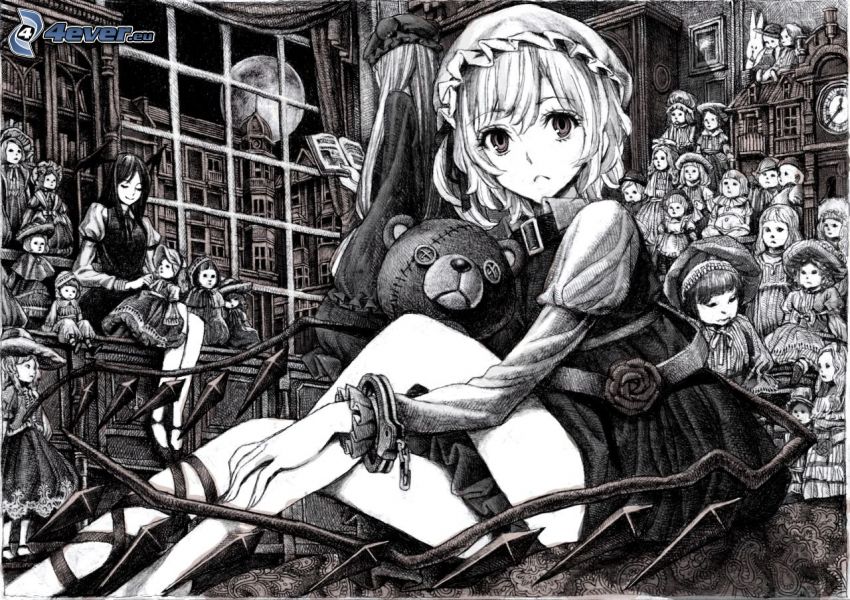 anime lány, plüssmaci, fekete-fehér