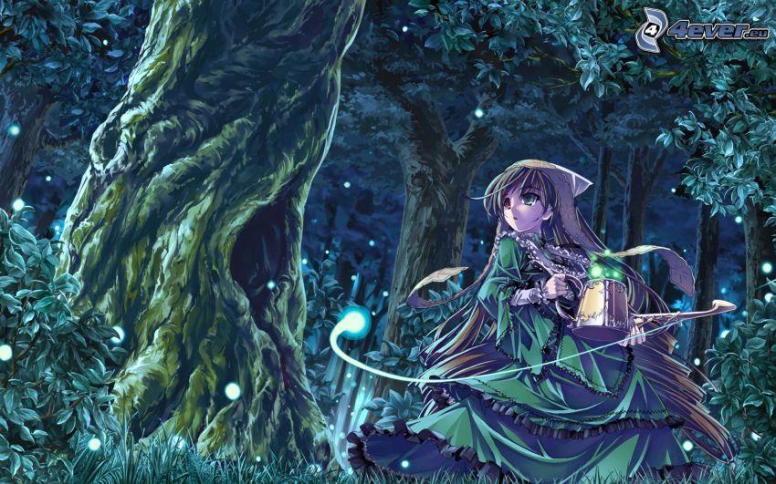 anime lány, rajzolt erdő