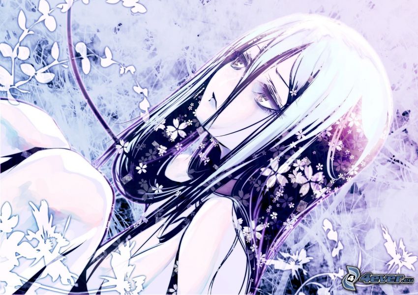 anime lány, rajzolt virágok