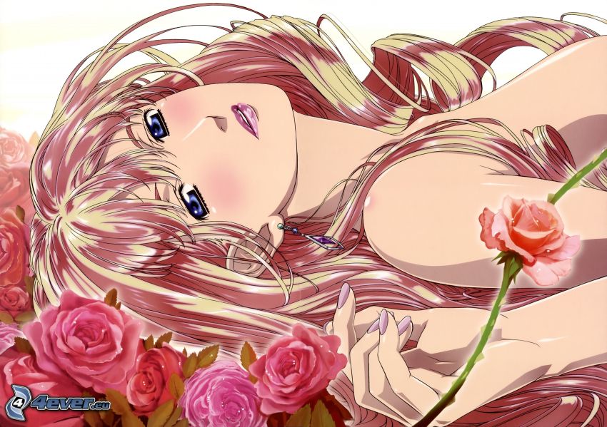anime lány, rózsák