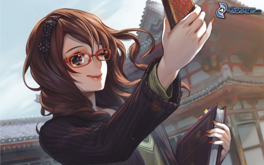 anime lány, szemüveg, könyv