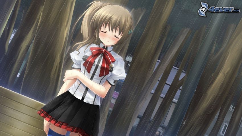 anime lány, szomorú lány, eső