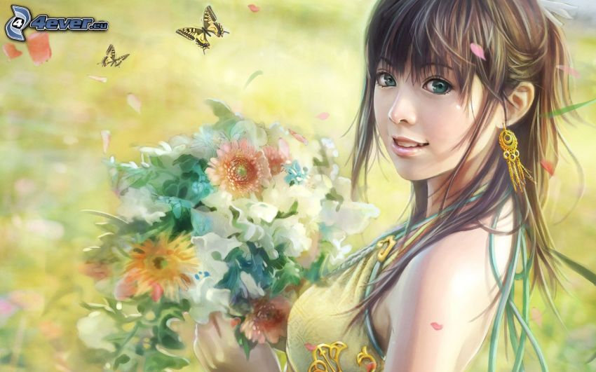 anime lány, virágcsokor