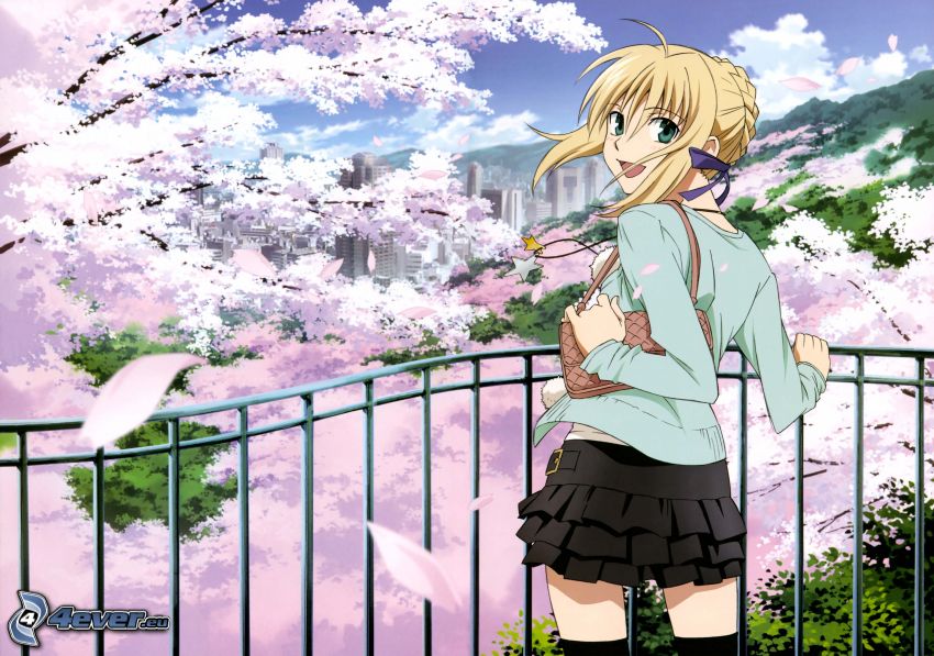 anime lány, virágzó fák