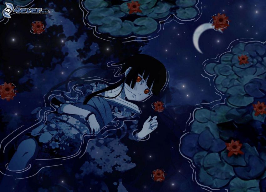 anime lány, víz, tavirózsák, hold, visszatükröződés