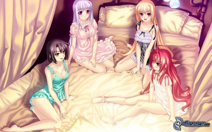 anime lányok, ágy