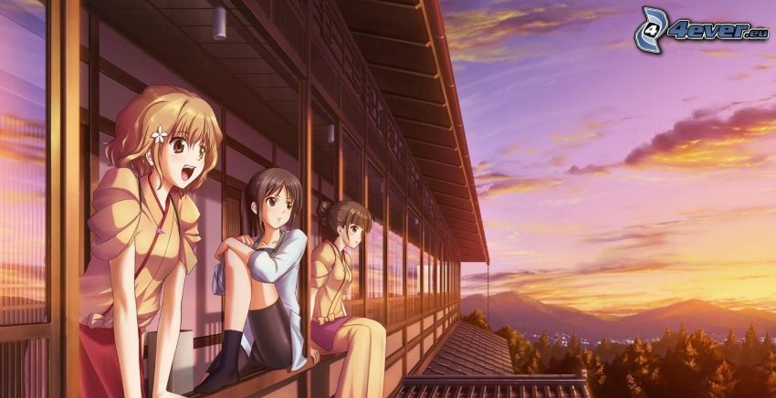anime lányok, erkély, napnyugta