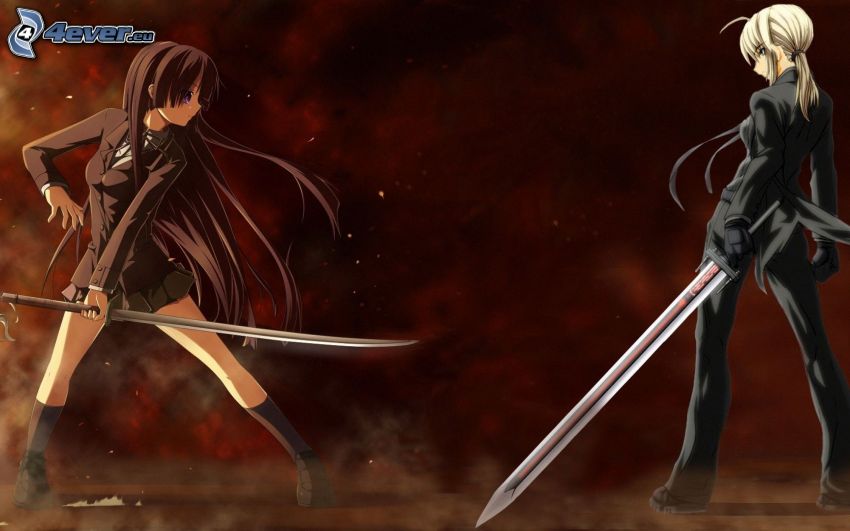 anime lányok, kardok, harc