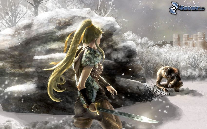 fantasy harcosnő, anime lány, szörnyeteg, szikla, hó