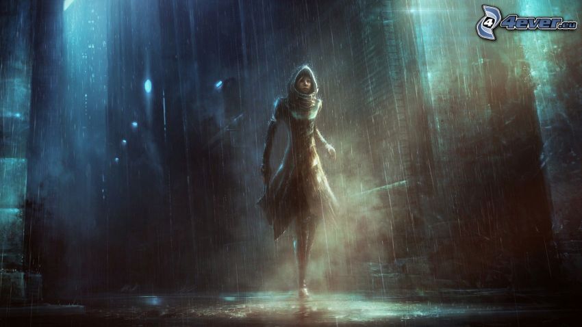 fantasy lány, város, eső